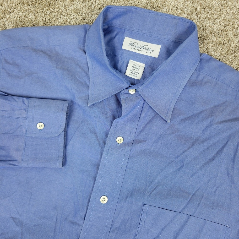 Brooks Brothers Mens 16.5-33 Solid Blue Button Up Long Sleeve